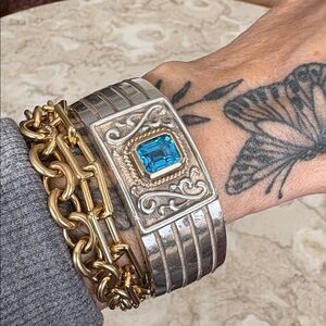 14K & Sterling Silver Wide Cuff Blue Topaz 57g